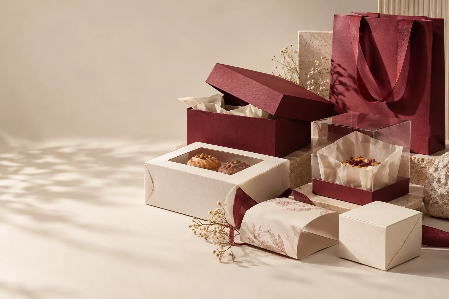 Burgundy, cream and transparent gift packaging