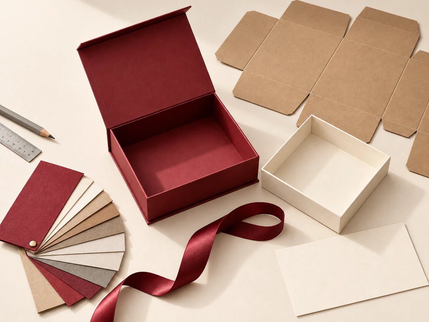 An open burgundy box with a cream insert, kraft carton template, paperboard swatches and ribbon on a packaging design table
